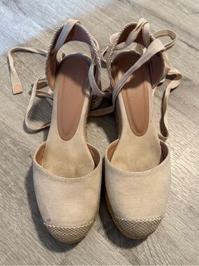 Women's Beige Espadrille Lace-Up Wedge Sandals